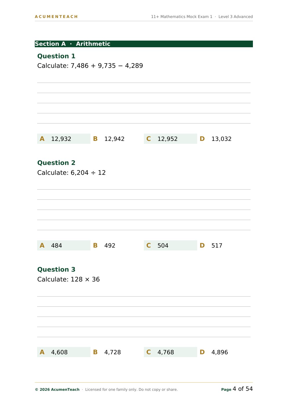 Question page with working space